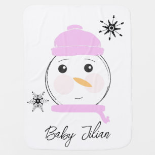 Cute Snowman Pink First Christmas Baby Blanket