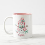 Cute Snowman Pink Green Personalized Mug<br><div class="desc">A cute snowman (or snowlady) dressed in a pink and white gingham checkered coat and hat with green and white checked coquette bows. There is a space below the design to personalize with your name! This would make a great Christmas gift.</div>