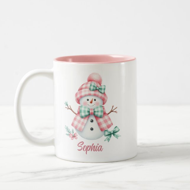 Cute Snowman Pink Green Personalized Mug (Left)