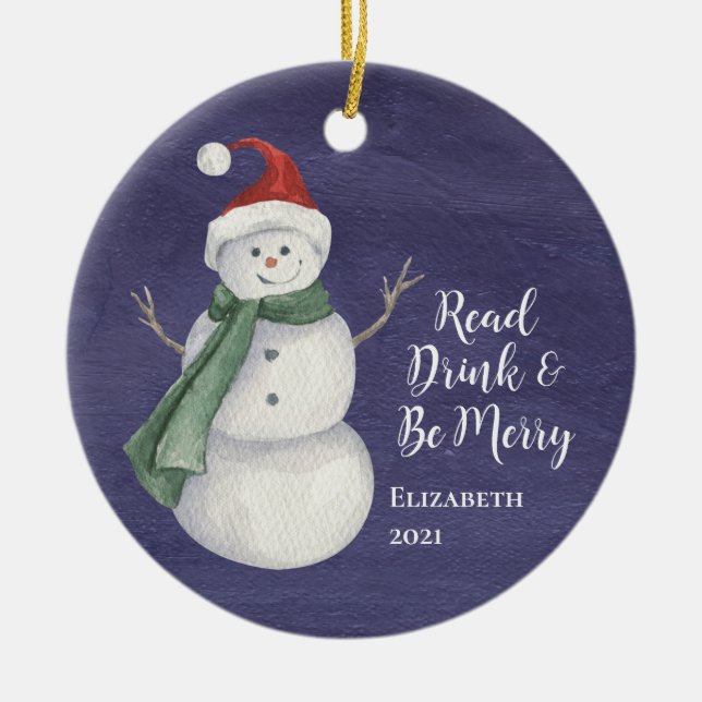 Cute Snowman Reading Book Club Monogrammed Ceramic Ornament (Front)