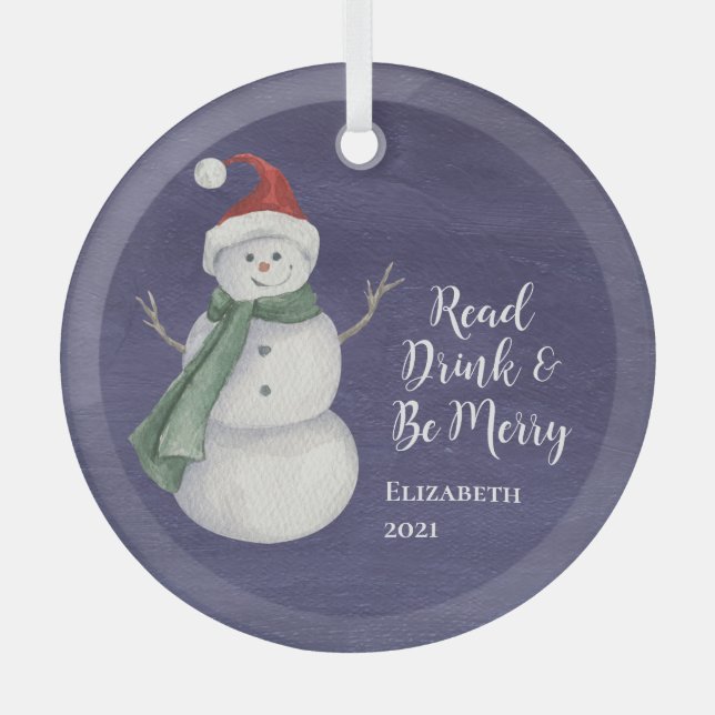 Cute Snowman Reading Book Club Monogrammed Glass Ornament (Front)