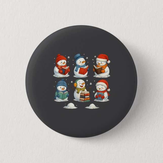 Cute Snowman Reading Books Christmas Winter Book L Button (Front)
