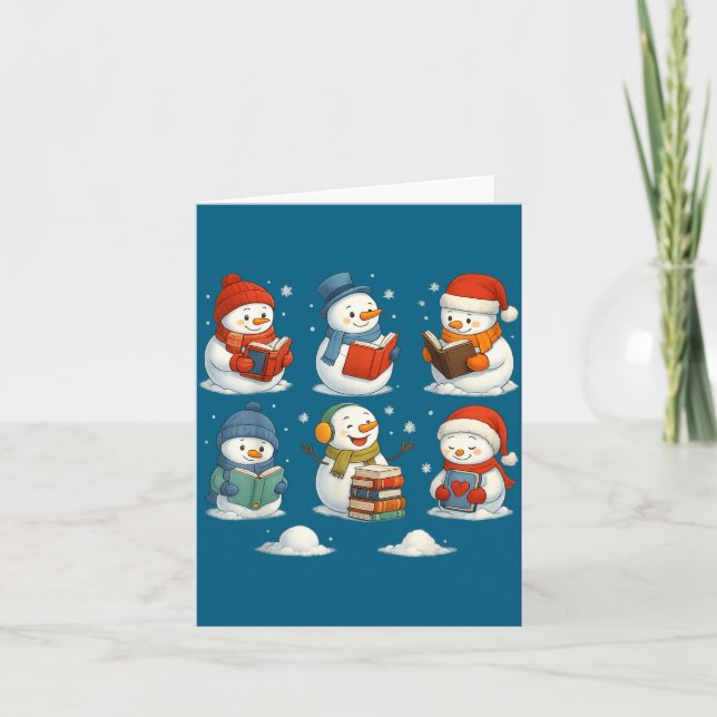 Cute Snowman Reading Books Christmas Winter Book L Card (Front)