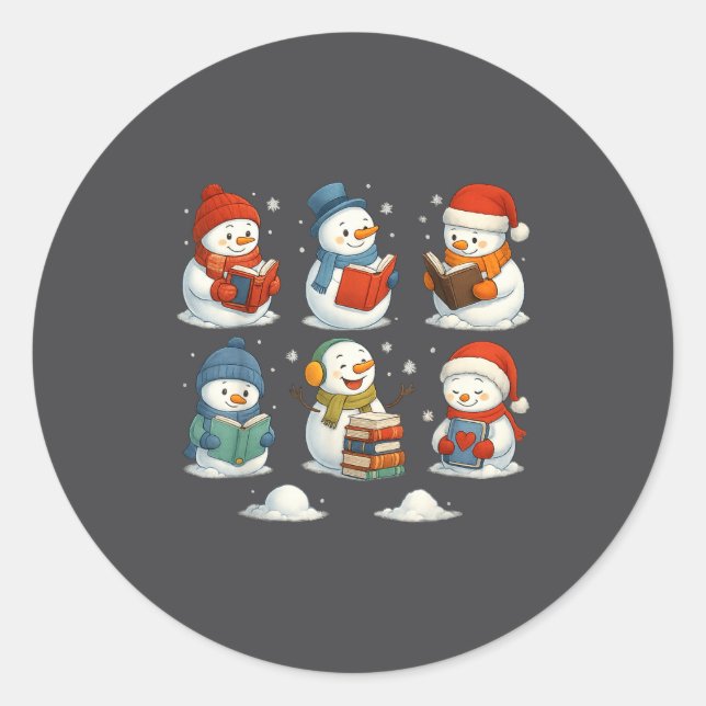 Cute Snowman Reading Books Christmas Winter Book L Classic Round Sticker (Front)