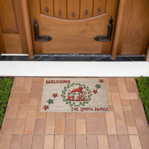 Cute Snowman Red & Green Modern Fiber Doormat