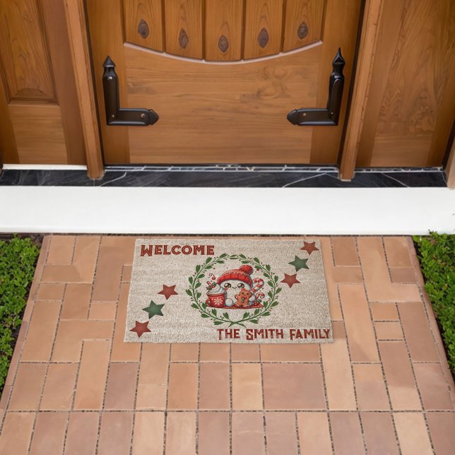 Cute Snowman Red & Green Modern Fiber Doormat (Insitu (Outdoor))