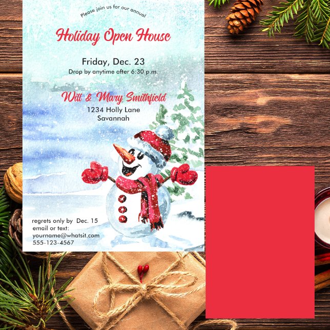 Cute Snowman Red Holiday Open House Invitation (Creator Uploaded)