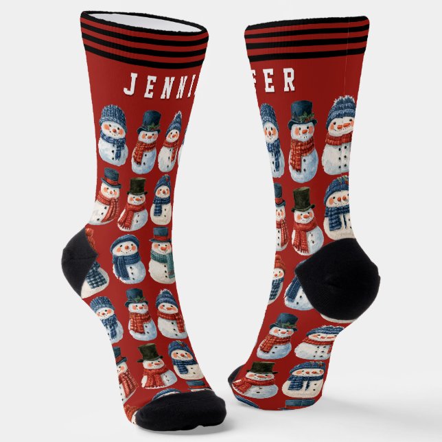 Cute Snowman Red Personalized Christmas Socks (Angled)