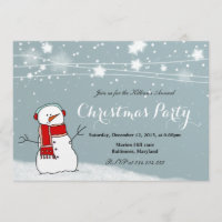 Cute Snowman Red Scarf Snow Stars Christmas Party Invitation