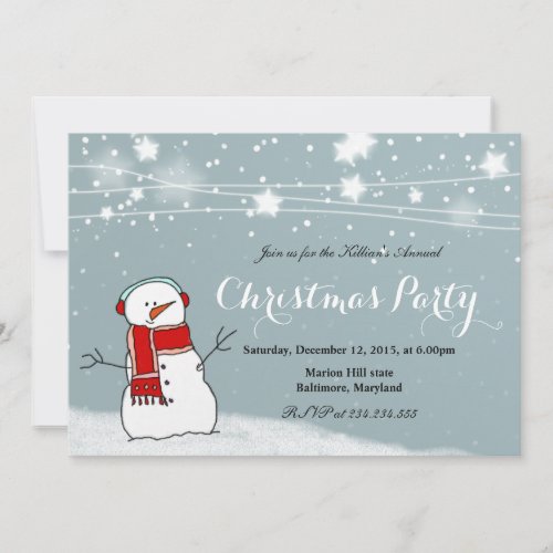 Cute Snowman Red Scarf Snow Stars Christmas Party Invitation