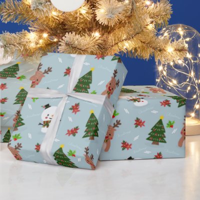 Cute Snowman, Reindeer &amp; Christmas Tree Wrapping Wrapping Paper