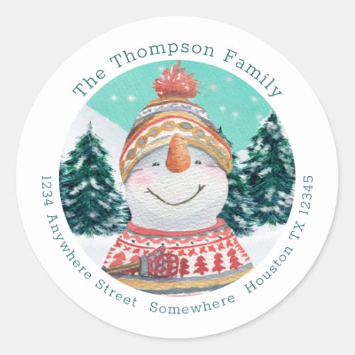 Cute Snowman Return Name Address Teal Christmas Classic Round Sticker