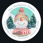 Cute Snowman Return Name Address Teal Christmas Classic Round Sticker<br><div class="desc">Add some colorful festive cuteness to your Holiday mailings with this charming snowman and snow covered forest watercolor illustration within a circular shape,  with your name curved above and your return address curved below.   All the text can be easily personalised.</div>