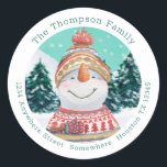 Cute Snowman Return Name Address Teal Christmas Classic Round Sticker<br><div class="desc">Add some colorful festive cuteness to your Holiday mailings with this charming snowman and snow covered forest watercolor illustration within a circular shape,  with your name curved above and your return address curved below.   All the text can be easily personalised.</div>
