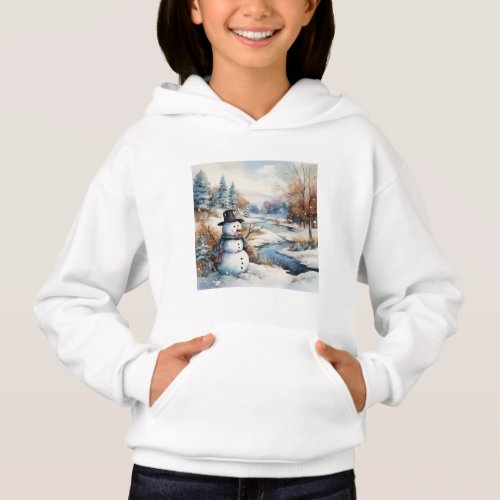 Cute Snowman River Winter Log Cabin Hoodie