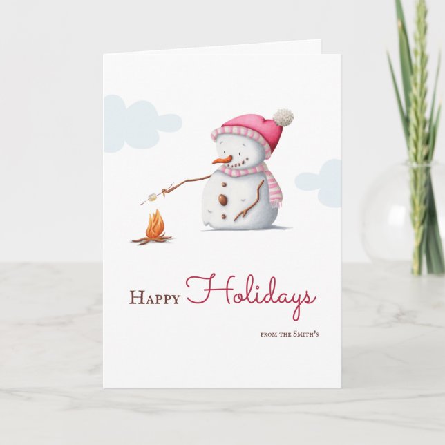 Cute Snowman Roasting Marshmallow Pink Christmas Holiday Card (Front)