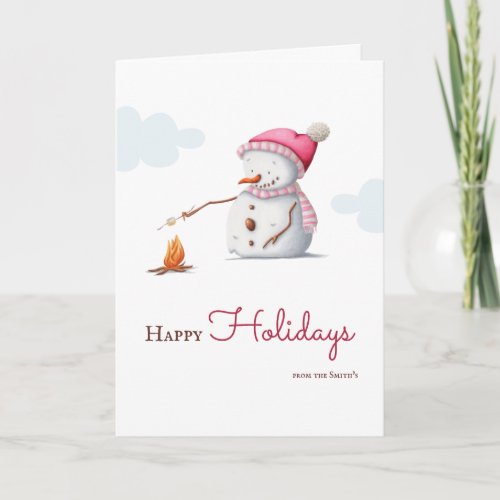 Cute Snowman Roasting Marshmallow Pink Christmas Holiday Card