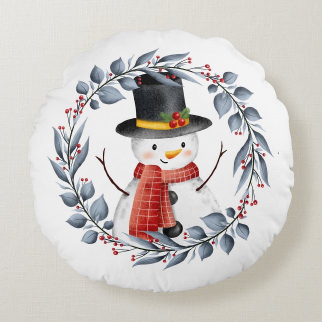 Cute Snowman Round Pillow (Front)