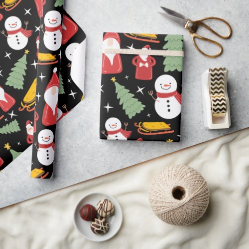 Cute Snowman Santa Gnome Modern Christmas Holiday Wrapping Paper