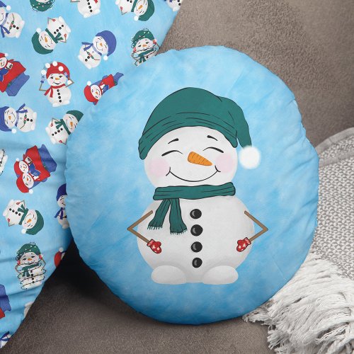 Cute Snowman Scarf Hat Christmas Round Pillow