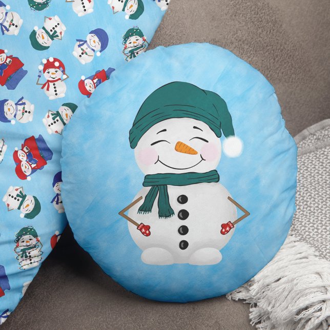 Cute Snowman Scarf Hat Christmas Round Pillow (Creator Uploaded)