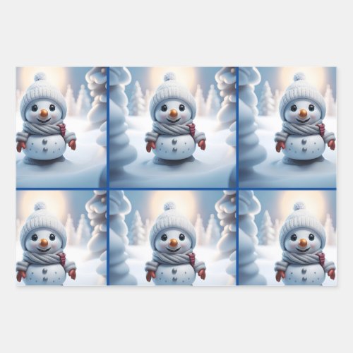 Cute Snowman Set OF 3 Designs Wrapping Paper Sheets