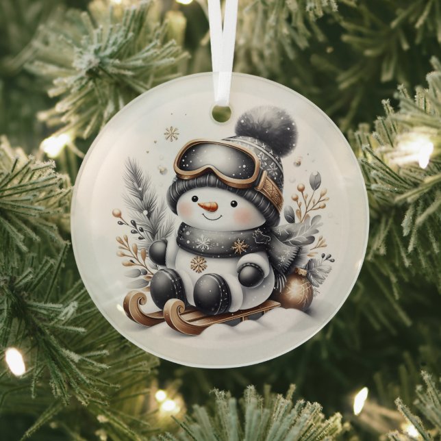 Cute snowman sledding glass ornament (Insitu)