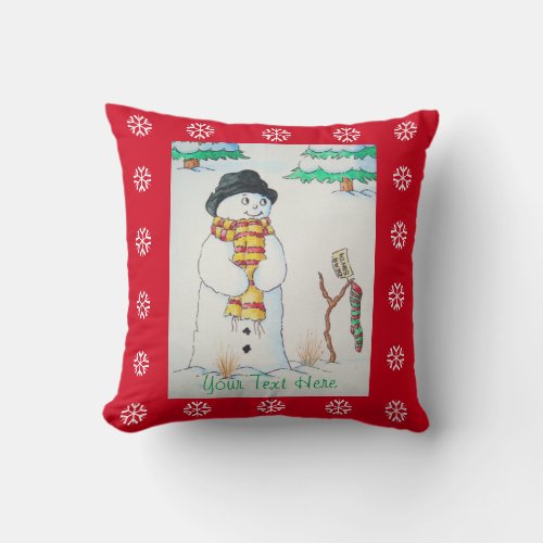 cute snowman smiling in the snow scene christmas throw pillow