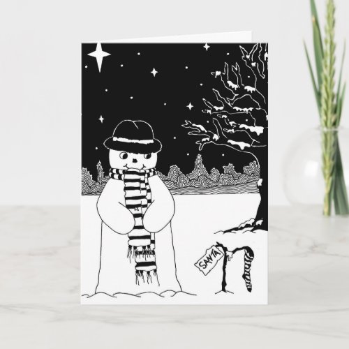 cute snowman smiling snow scene at christmas holiday card