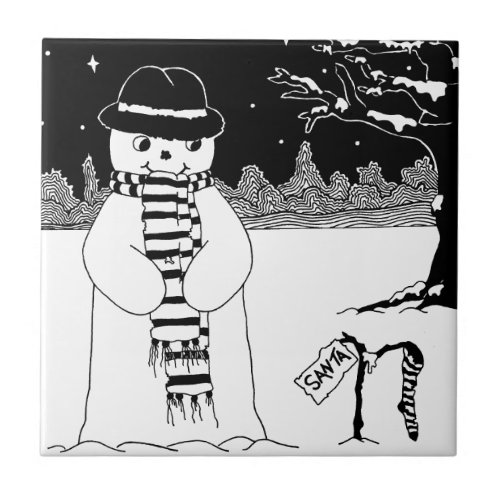 cute snowman smiling snow scene for christmas ceramic tile