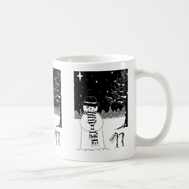 cute snowman smiling snow scene for christmas coffee mug (Right)