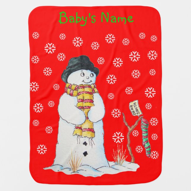 Cute snowman smiling snow scene for christmas receiving blanket (Front)