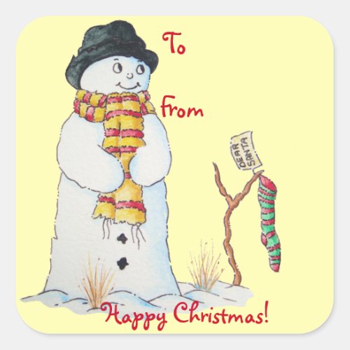 cute snowman smiling snow scene for christmas square sticker