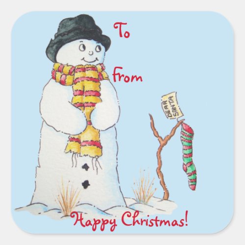 cute snowman smiling snow scene for christmas square sticker