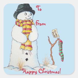 cute snowman smiling snow scene for christmas square sticker