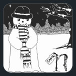 Cute snowman smiling snow scene for Christmas Square Sticker<br><div class="desc">The stars a twinkling and the snow has fallen and this cute smiling snowman is looking at his stripy Christmas stocking in anticipation and hoping for Santa to drop by and fill it up with lots of special Christmas gifts. Mr snowman is wearing his best hat and scarf to make...</div>