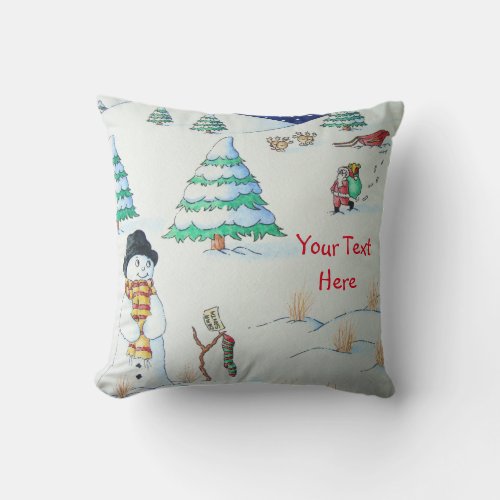 cute snowman smiling snow scene for christmas throw pillow