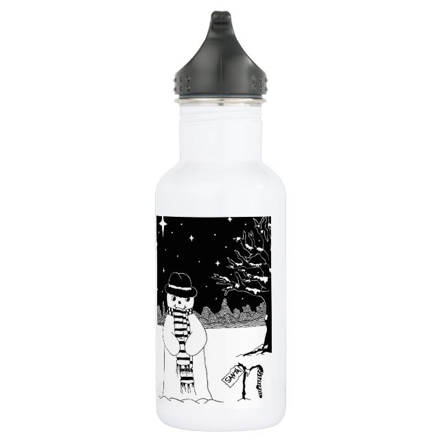 Cute snowman smiling snow scene for Christmas Water Bottle (Right)