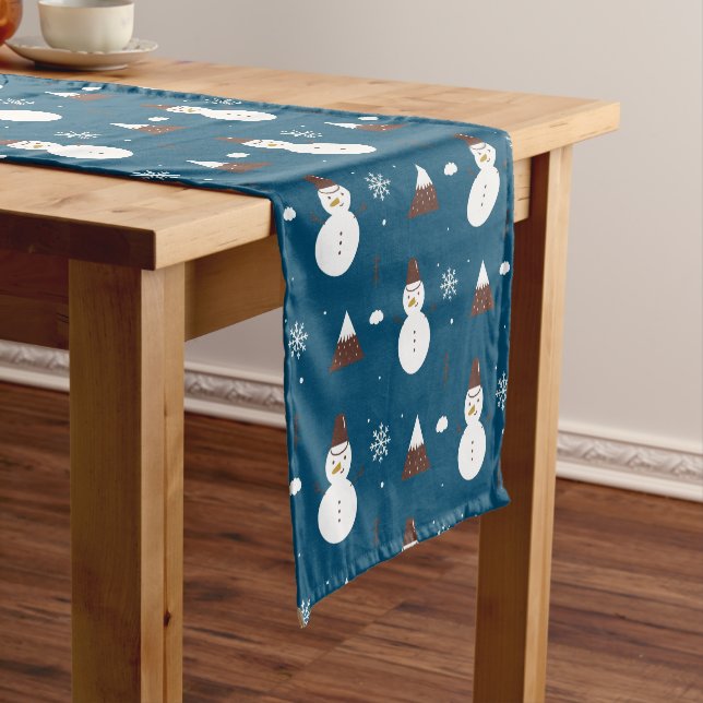 Cute Snowman & Snow Mountains Blue Winter Short Table Runner (In Situ)