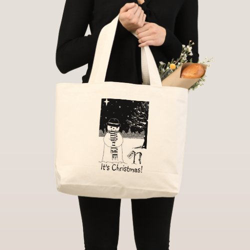 cute snowman snow scene black and white large tote bag