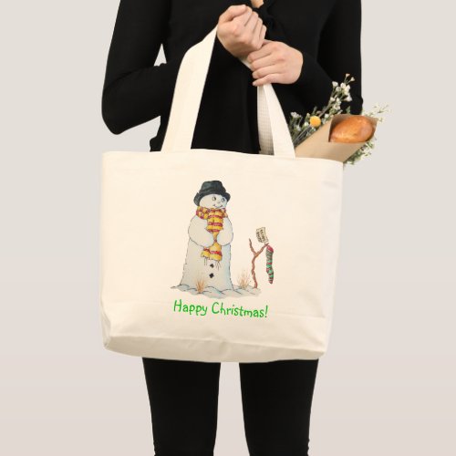 Cute snowman snow scene for christmas large tote bag