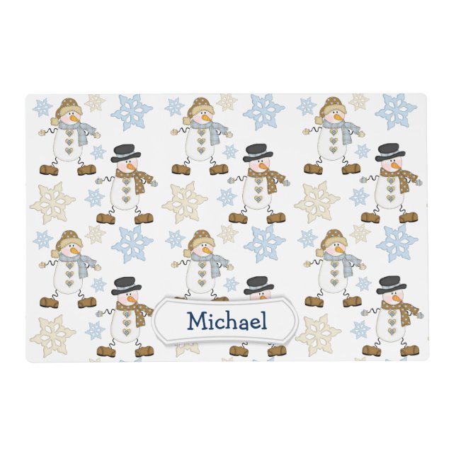 Cute Snowman Snowflake Personalized Kids Placemat (Front)