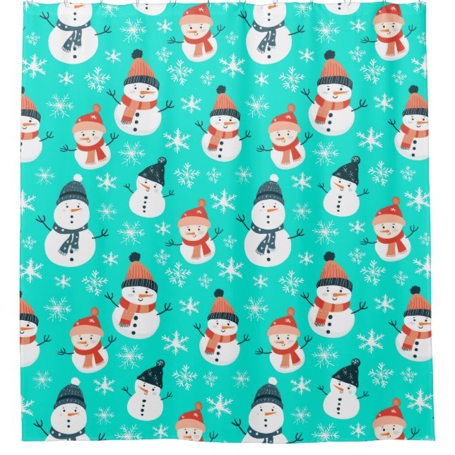 Cute Snowman Snowflake Seamless Pattern Christmas Shower Curtain (Front)