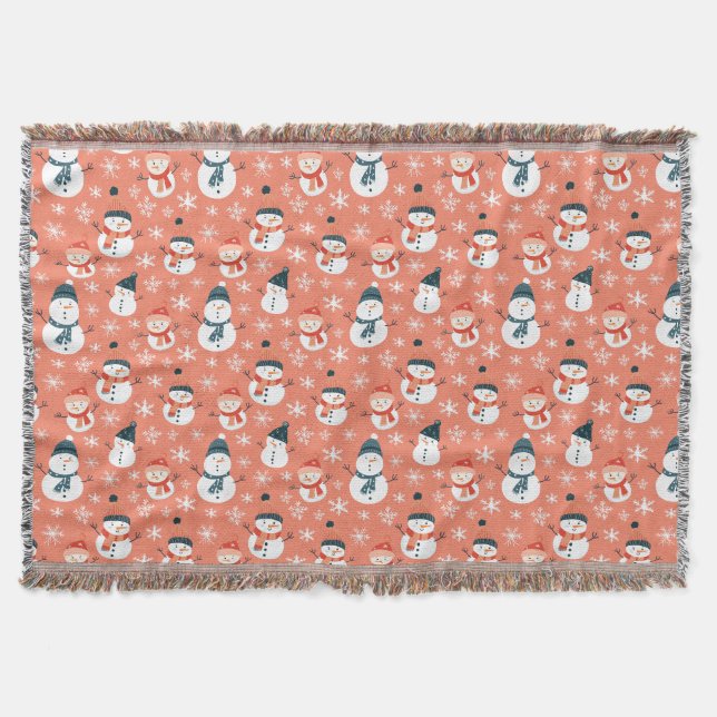 Cute Snowman Snowflake Seamless Pattern Christmas Throw Blanket (Front)