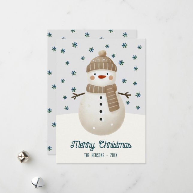 Cute Snowman Snowflakes Drawing Christmas Holiday Card (Front/Back In Situ)