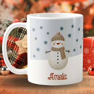 Cute Snowman Snowflakes Drawing Name Christmas Coffee Mug