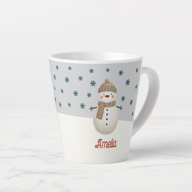 Cute Snowman Snowflakes Drawing Name Christmas Latte Mug (Right Angle)