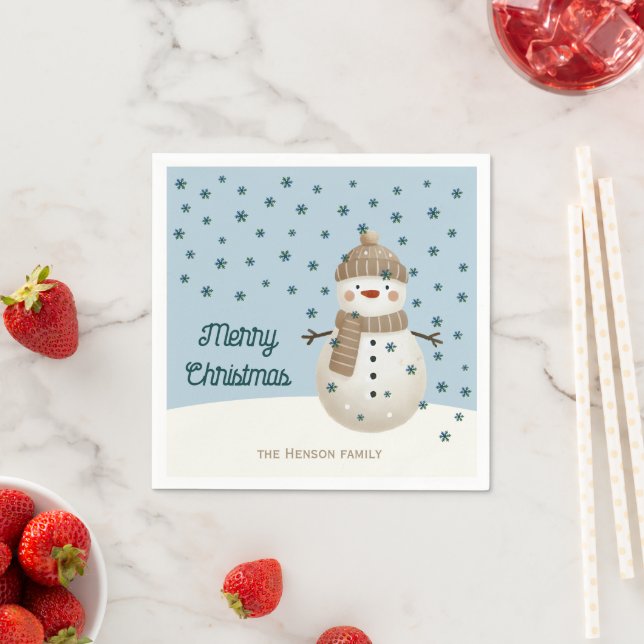 Cute Snowman Snowflakes Drawing Name Christmas Napkins (Insitu)