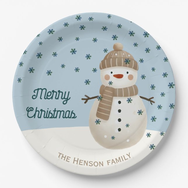 Cute Snowman Snowflakes Drawing Name Christmas Paper Plates (Front)
