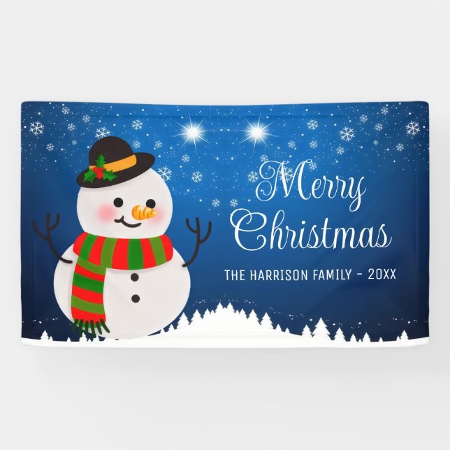 Cute Snowman Snowy Night Christmas Banner (Horizontal)
